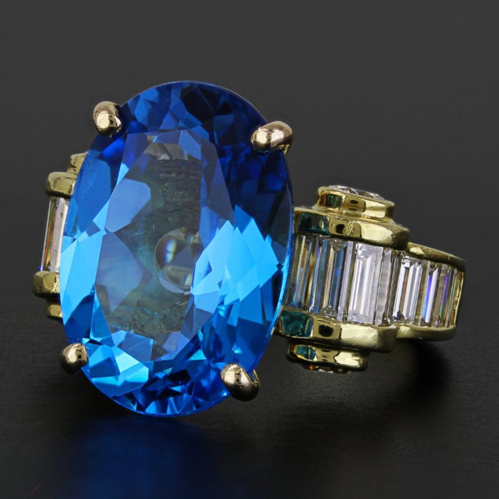 Vintage 18k Yellow Gold Swiss Blue Topaz Diamond Anniversary Band Wedding Ring